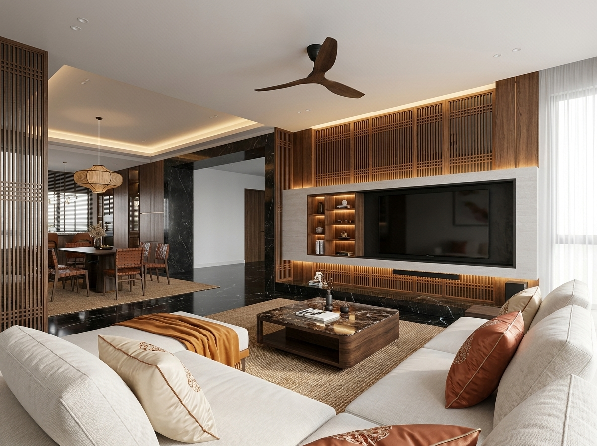 Modern Oriental lounge — Oriental Essence by Mr Cow Studio Singapore